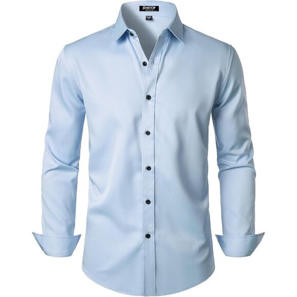 Men's Blue Stretch Wrinkle Shirts Formal Long Sleeve Slim Fit Button Down Shirt - Picture 1 of 7